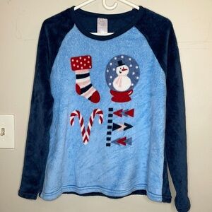 Secret Treasures Girls Blue Christmas LOVE Plush Fleece Pajama Top Size XL 16-18